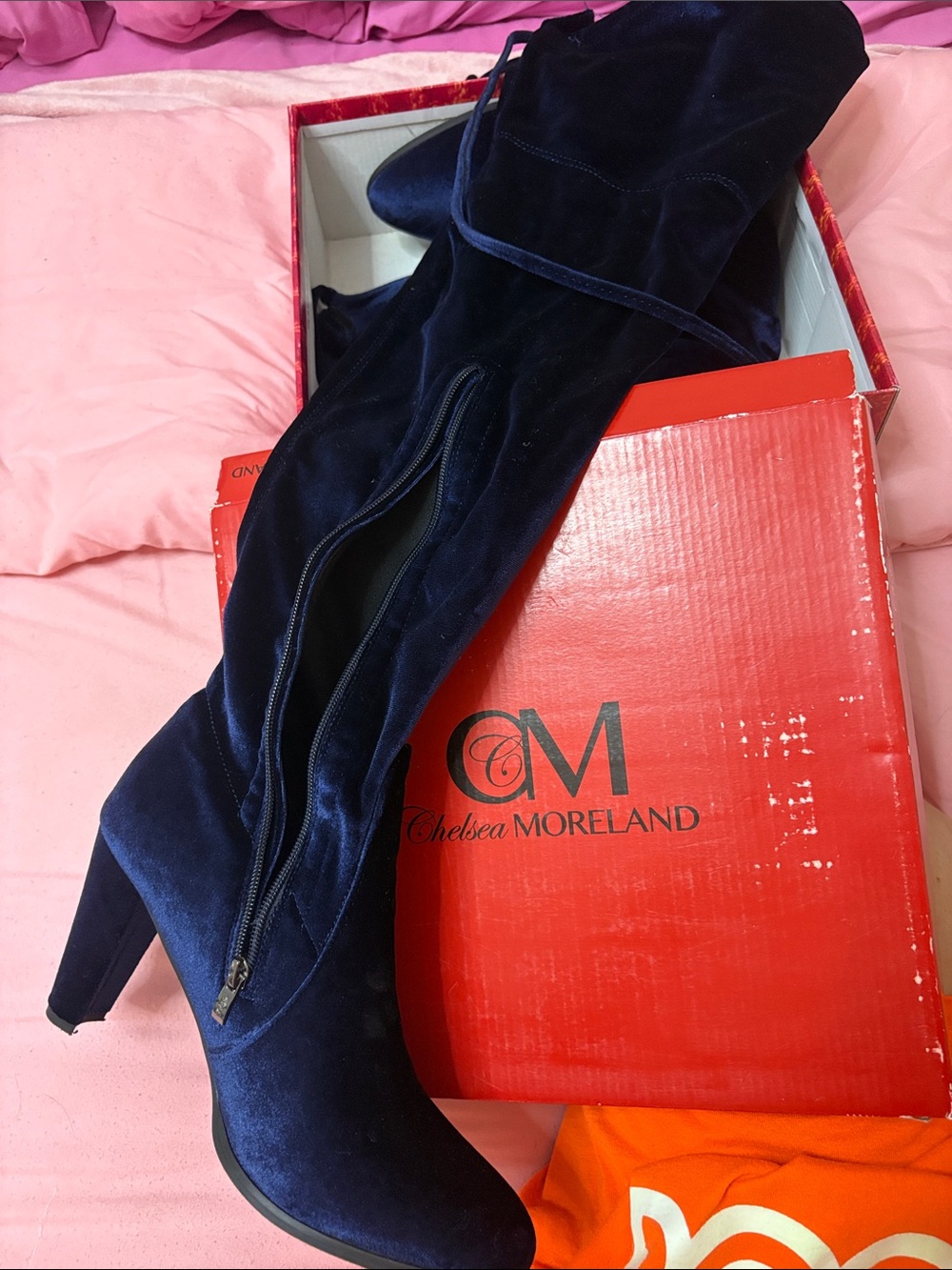 Chelsea Moreland Navy Velvet Over-the-Knee Boots